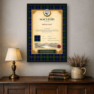 Framed Clan Heritage Certificate for the MacLeod family on a living room wall