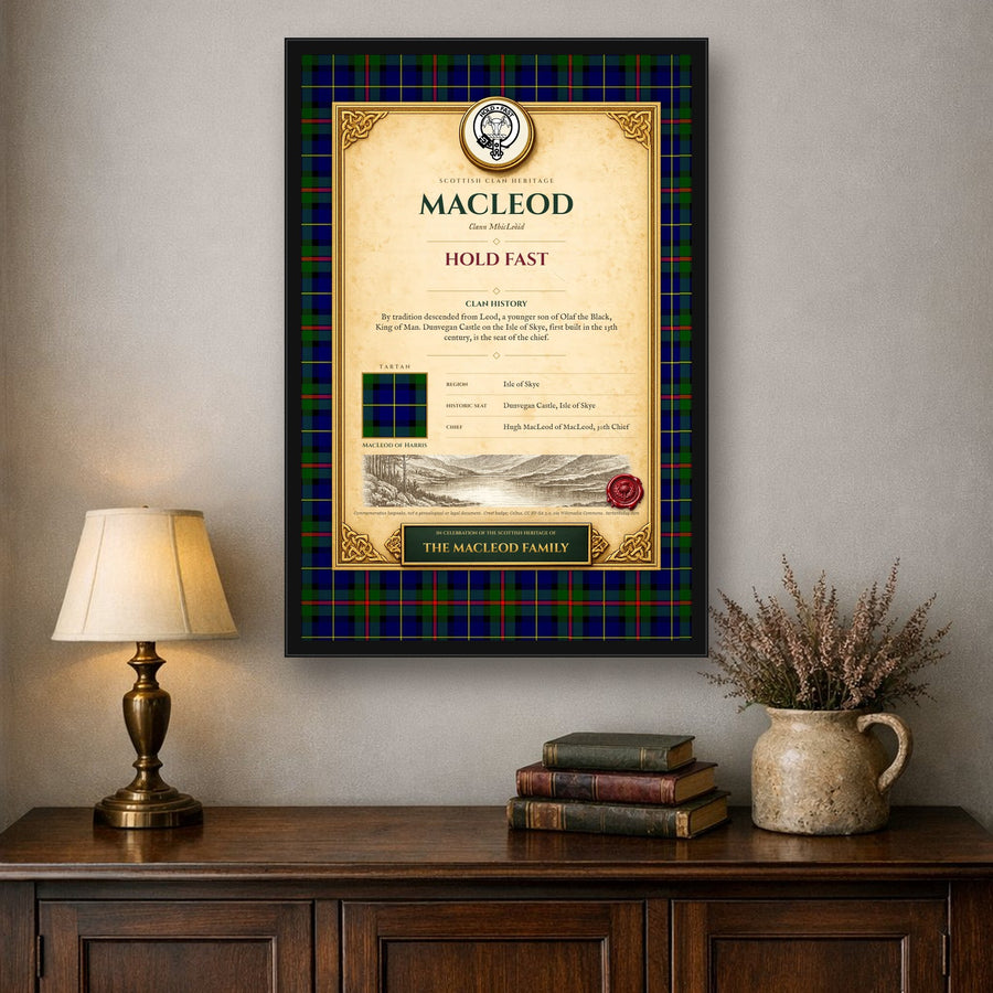Framed Clan Heritage Certificate for the MacLeod family on a living room wall