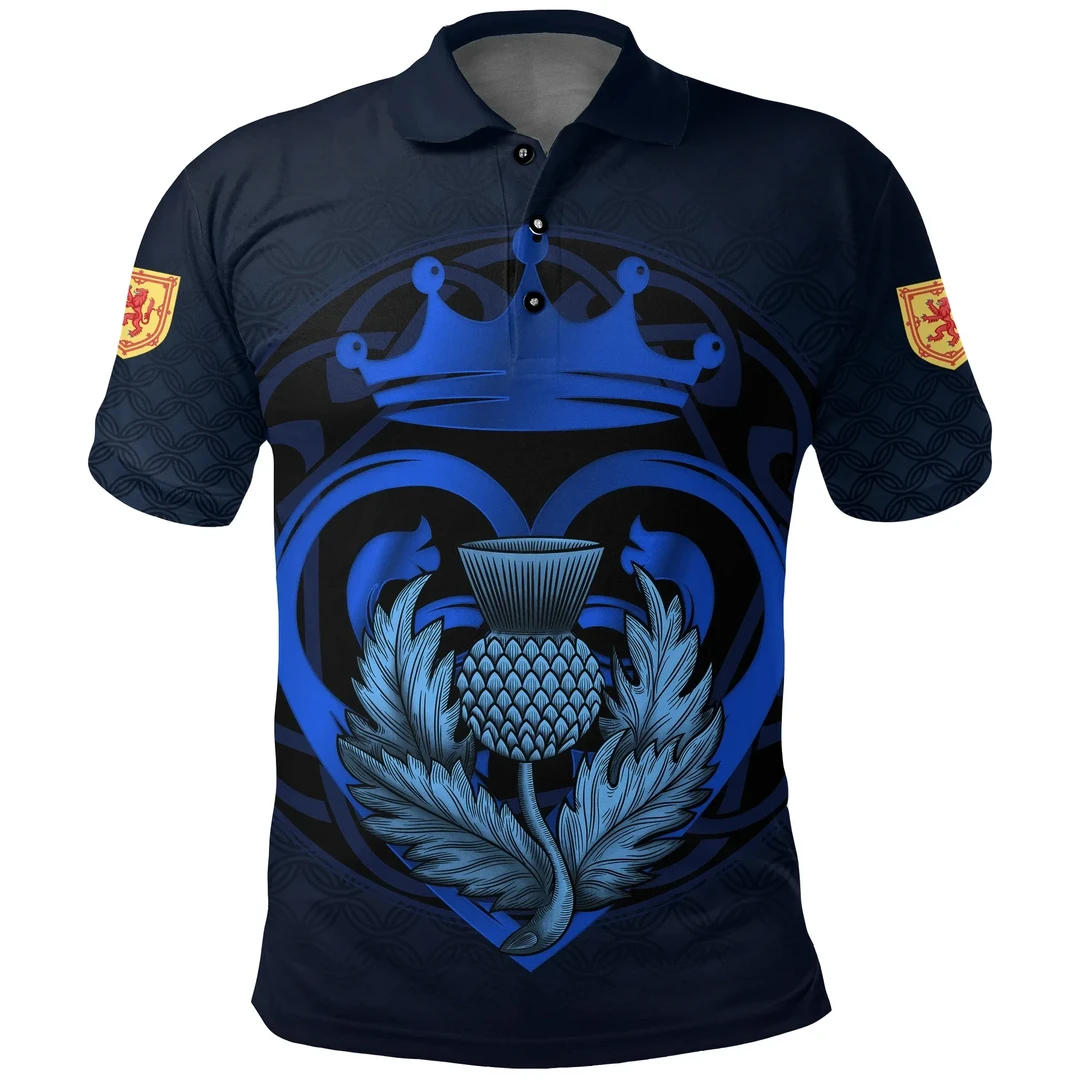 Clan Scots Print Polo Shirt - Blue Luckenbooth Thistle And Lion Style Polo Shirt AT41 Scots Print - Blue Luckenbooth Thistle And Lion Style Tartan Polo   